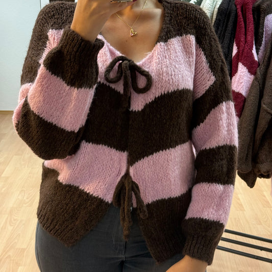 Strickjacke Schleifen / BraunRosa gestreift