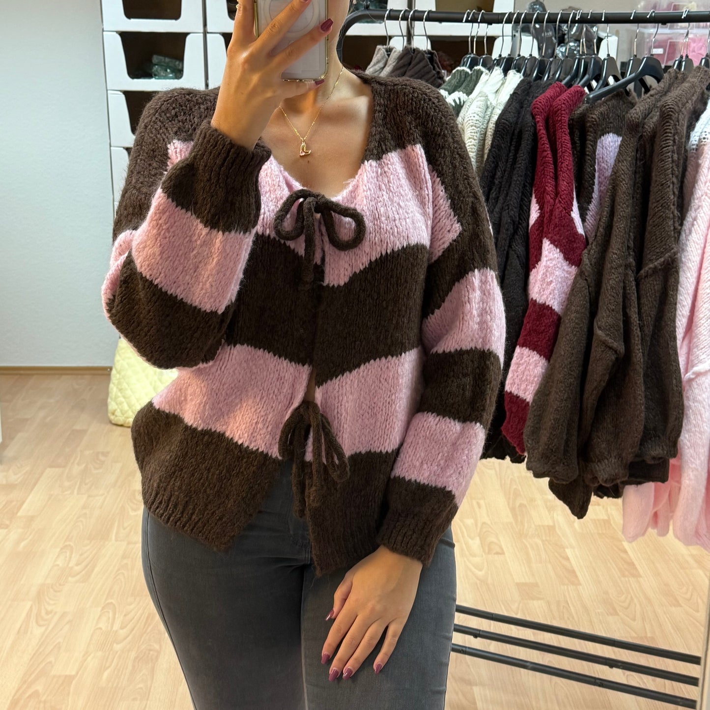 Strickjacke Schleifen / BraunRosa gestreift