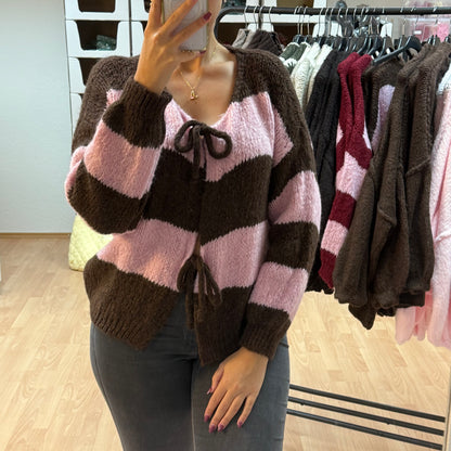 Strickjacke Schleifen / BraunRosa gestreift